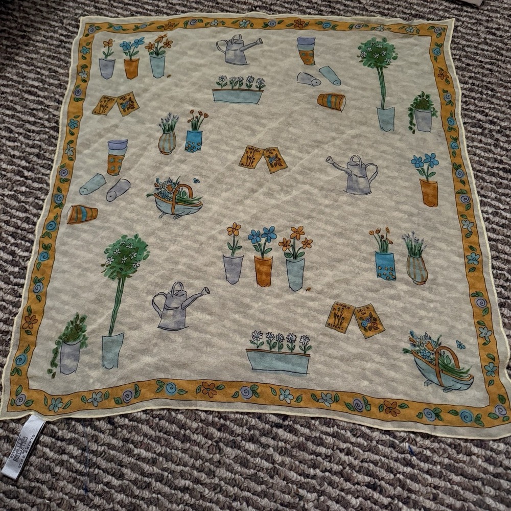 Vintage Silk Scarf Garden Motif Cottagecore Floral Plant Print Square